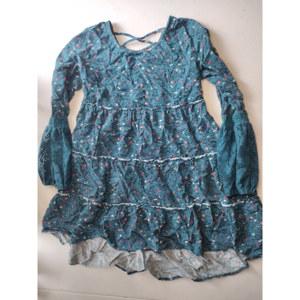 Art Class‎ Girls Teal Blue Floral Tiered Boho Dress Crochet Lace Bell Sleeve L